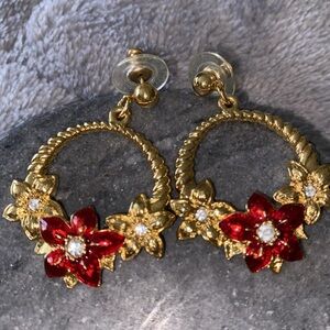 Vintage Holiday AVON Gold-Toned Red Poinsettia Hoop Dangle Pierced Earrings